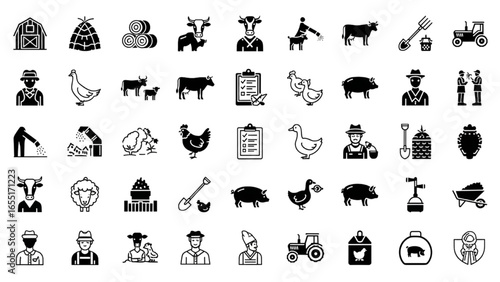 Livestock Farming Vector Icon Set – Adjustable Line Icons of Barn, Cattle, Poultry, Sheep, Pig, and Farm Management