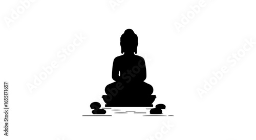Minimalist black silhouette of a meditating Buddha figure seated in a lotus pose on a pedestal over calm water.