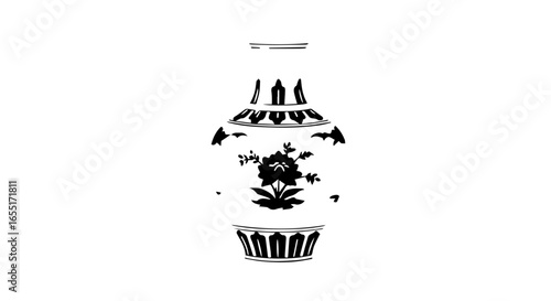 Minimalist black silhouette of a traditional porcelain vase with an ornate floral pattern.