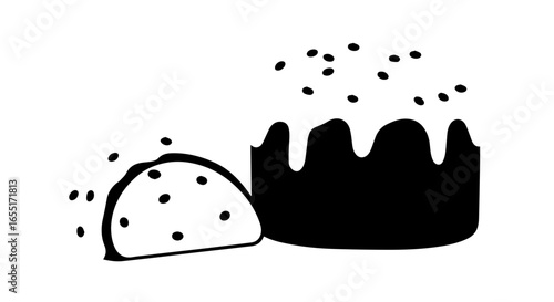 Minimalist black silhouette of a traditional Easter cake with dripping glaze and a slice.