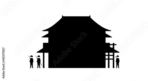 Minimalist black silhouette of a traditional Asian temple or pagoda with guards standing watch.