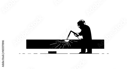 Minimalist black silhouette of a welder in a helmet using a torch on a steel beam creating sparks.