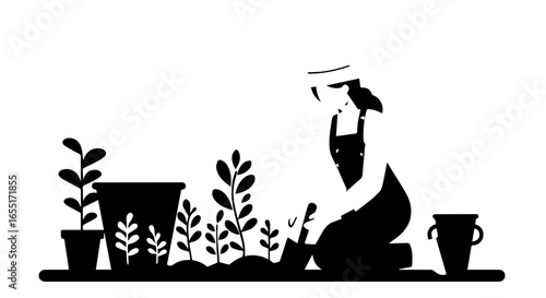 Minimalist black silhouette of a woman in overalls gardening with a trowel and plants.