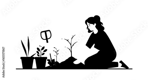 Minimalist black silhouette of a woman kneeling while planting a small sapling in a garden.