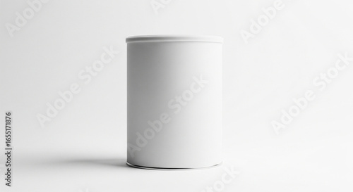 Blank White Cylindrical Tin Can on White Background for Product Packaging Mockup. Versatile Design Element for Coffee, Tea, Food, Cosmetic, or Powder Branding.