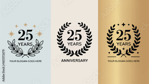 Celebrating 25 Years Anniversary with Laurel Wreath and Stars on Different Background Colors Anniversary Logo Design