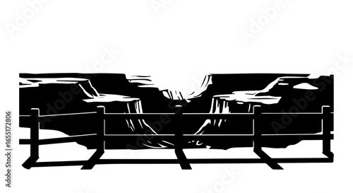 Minimalist black vector silhouette of a canyon landscape viewed from behind a rustic wooden fence overlook.