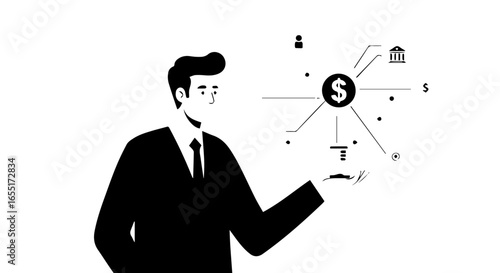 Minimalist businessman in a black suit presenting a floating financial services infographic with a dollar sign.