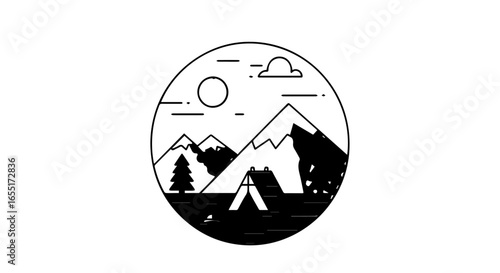 Minimalist circular line art icon of a mountain camping scene with a tent and sun.