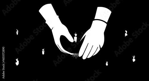 Minimalist graphic of two white hands cupped together gently protecting a small lit candle.