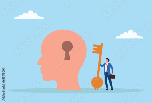 Vector illustration of a businessman holding a key while standing next to a locked head, symbolizing unlocking ideas, knowledge, potential, and innovative thinking
