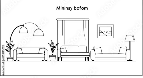 Minimalist line art illustration of a modern living room with sofas lamps and plants.