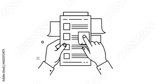 Minimalist line art illustration of hands holding a checklist and selecting an option.