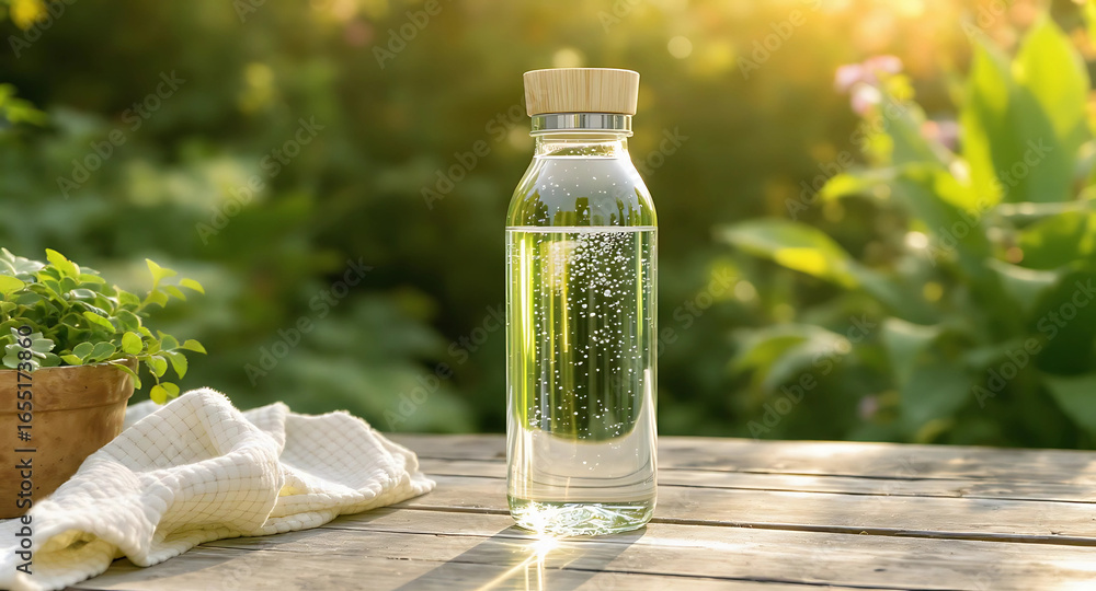 Obraz premium Eco-Friendly Glass Water Bottle on Wooden Outdoor Table with Green Background