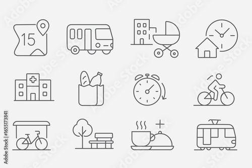 Linear icon set about the 15-minute city: public transport, hospital, grocery, park, school, housing, clock, food, cycling, and mobility. Minimalist, ideal for urban design, sustainable city concepts.