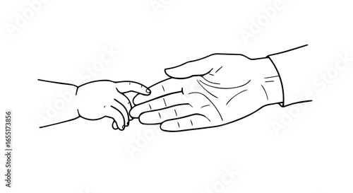 Minimalist line art of a babys small hand gently holding an adults index finger.