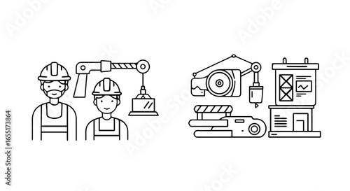 Minimalist line art illustration set featuring construction workers and industrial machinery icons.