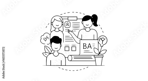 Minimalist line art of a business analyst presenting a report to a smiling team with conceptual icons.