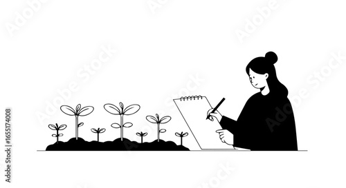Minimalist line art of a woman with a bun hairstyle writing in a notebook observing growing seedlings.