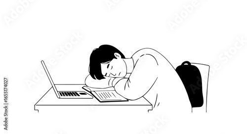 Minimalist line art of an exhausted young person sleeping on their desk next to a laptop and notebook.