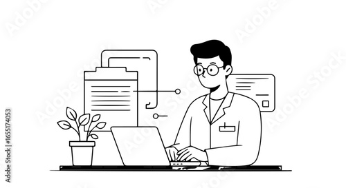 Minimalist line drawing of a male researcher in a lab coat using a laptop at his desk.