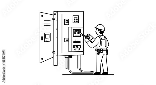 Minimalist line drawing of an electrician in a hard hat repairing an open electrical control panel.