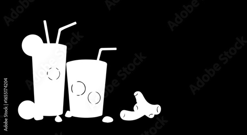 Minimalist white silhouette illustration of two cold drinks with straws ice and fresh ginger root.