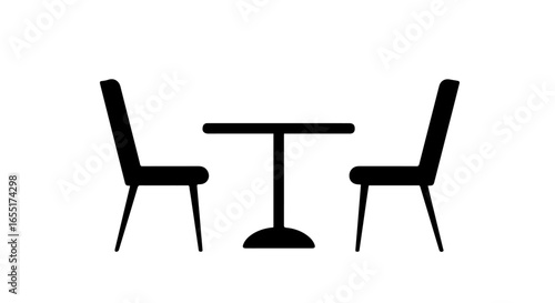 Modern black silhouette of a cafe table and two chairs a simple dining set icon.