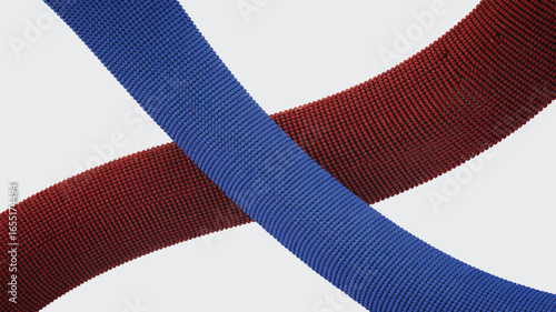 A close up of two textured bands one blue and one red crossing each other on a white background plain