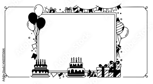 Monochrome birthday party frame with cakes balloons and gift boxes.