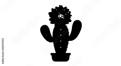 Monochrome black silhouette of a potted flowering cactus with two arms and sharp spines.