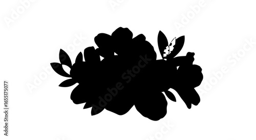 Monochrome black silhouette of a lush floral arrangement with distinct petals and leaves.