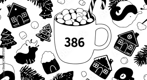 Monochrome Christmas doodle pattern with hot chocolate gingerbread houses and festive cookies.