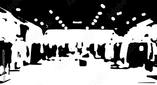 Monochrome graphic illustration of a crowded interior scene with perspective ceiling lights.