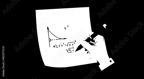 Monochrome graphic illustration of a hand writing a mathematical equation and graph on paper.