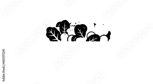 Monochrome graphic illustration of a leafy vegetable patch with stylized leaves and roots.