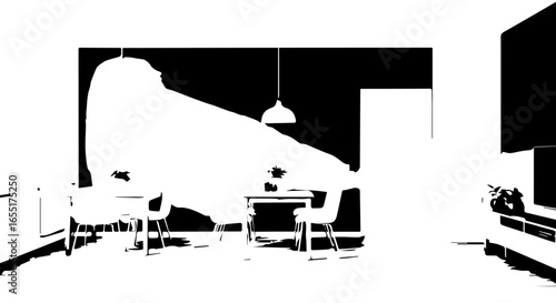 Monochrome graphic illustration of a modern apartment interior with a dining area and pendant lamp.