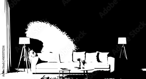Monochrome graphic illustration of a modern living room interior with a sofa and lamps.