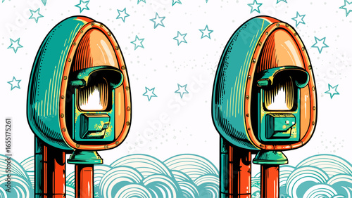 Futuristic telephone booths from a bygone era with integrated VR headsets