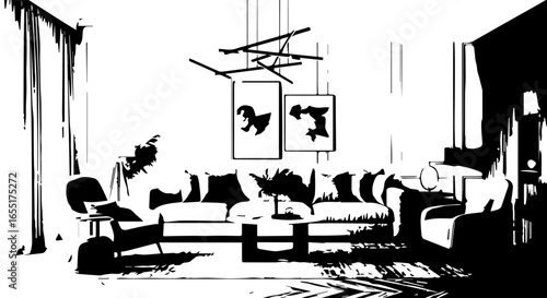 Monochrome graphic illustration of a modern living room interior with contemporary furniture and abstract art.