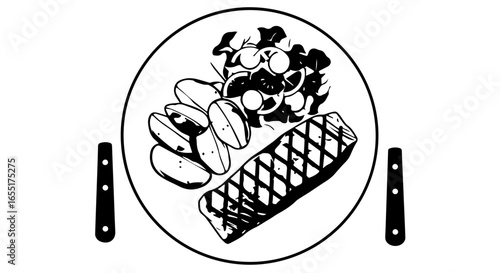 Monochrome graphic illustration of a plated meal with grilled salmon potatoes and fresh salad.