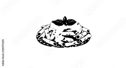 Monochrome graphic illustration of a plate of penne pasta topped with a rich sauce and fresh basil leaves.