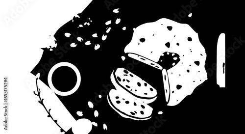 Monochrome graphic illustration of a sliced rustic bread loaf with a knife and bowl.
