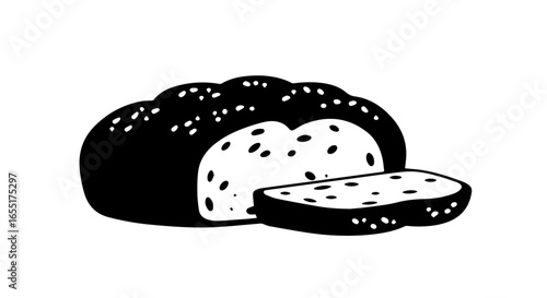 Monochrome graphic illustration of a sliced loaf of rustic seeded bread.