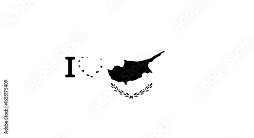 Monochrome I Love Cyprus design with the islands map silhouette a dashed heart and a laurel wreath.