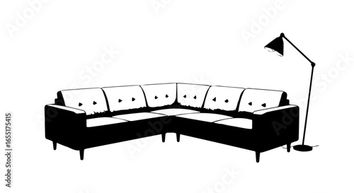Monochrome illustration of a modern corner sofa with skulllike cushions and an adjacent floor lamp.