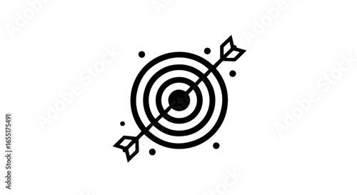 Monochrome line art icon of a target with a diagonal arrow hitting the bullseye surrounded by dots.