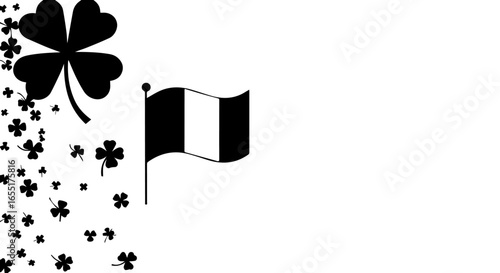 Monochrome St Patricks Day composition with Irish flag and cascading shamrocks.