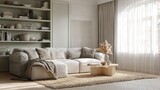 Serene living room with a plush sofa, shelving, a window, and natural decor