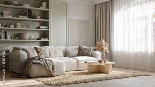 Serene living room with a plush sofa, shelving, a window, and natural decor